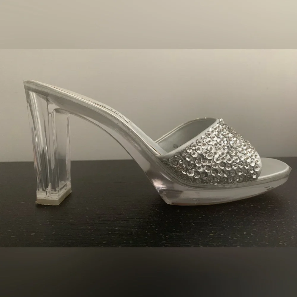 Vintage Silver Sequins High Heels with Clear Heels